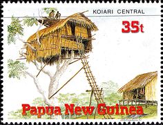 a stamp with an image of a house on stilts and the words papapa new guinea