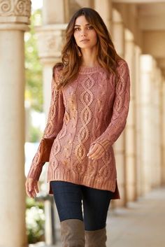 Metallic Shine Cable Sweater | A must-have layering piece for leggings and jeans, our long cable sweater features shimmering rose gold metallic shine. Weekly Inspiration, Fall Attire, Comfortable Sweater, Cable Sweater