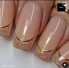 Gold Coffin Nail Ideas, Golden French Tip Nails, French Tip With Gold Design, Nude Nails With Gold Glitter, French Manicure With Gold, Champagne Nail Designs, Acrylic Nails With Gold, Sparkle Nail Art, Nail Tip Designs