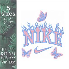 the nike logo is surrounded by butterflies and leaves in pink, blue, and green