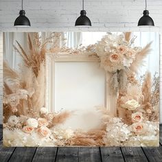 an image of a photo frame with flowers and feathers on the wall in front of it