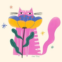 a painting of a pink cat holding a flower