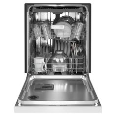 an open dishwasher with dishes in the front and bottom rack, on a white background