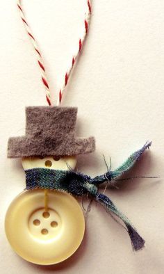 a snowman ornament hanging from a string on a white wall with red and green twine