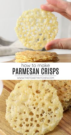 how to make parmesan crispes on a cutting board with text overlay