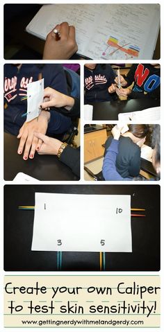 several photos of students doing their own activities with the text create your own caliper to test skin sersitivity