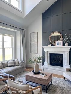 a living room filled with furniture and a fire place in front of a large window