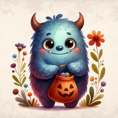 an illustration of a blue monster holding a pumpkin