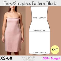 Use this super easy to use pattern to create your own strapless bodycon dresses!  Create variety of cocktail dresses, slip dresses or even mermaid dresses with just one pattern. It includes only one pattern piece to be used as both front and back- saves ink :) You can modify the neckline to create different styles. These patterns are basic templates and are made for designers who would like to create their own patterns. You can easily manipulate the patterns and make your own design! Pattern com Dress Pdf Pattern, Strapless Tube Dress, Strapless Bodycon Dress, Slip Dresses, Black Kitten, Pattern Library, Fabric Yardage, Sewing Pattern Sizes, Dress Sewing Pattern