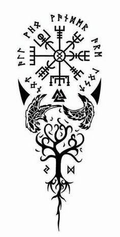 a black and white drawing of a tree with two snakes on it, surrounded by other symbols