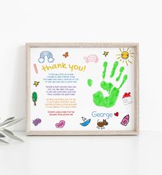 a hand print with the words, thank you and images of children's hands