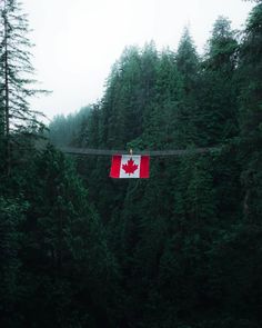 a canadian flag hanging from the side of a suspension bridge in front of some trees