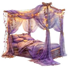 a bed with purple curtains and lights on the headboard is made out of wood