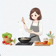 a woman cooking food in a wok on the stove with vegetables and spices around her