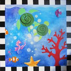 a painting with sea animals and fish on it