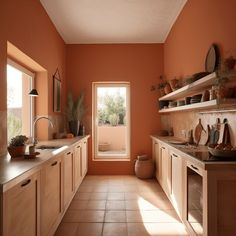 a kitchen with orange walls and tile flooring next to an open window in the middle