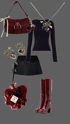 an assortment of women's clothing and accessories including boots, handbag, purse