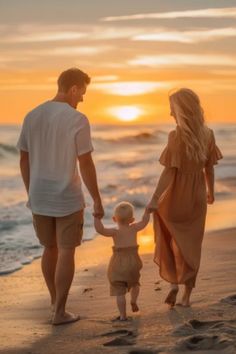 A family of three holding hands and walking along the beach at sunset. Diy Beach Photoshoot Family, Family Of 3 Beach Photo Ideas, Family Sunset Beach Pictures, Cute Family Photo Ideas, Family Photoshoot Beach Ideas, Mom And Toddler Beach Photos, Family Pics On The Beach, Family Of Three Beach Photos