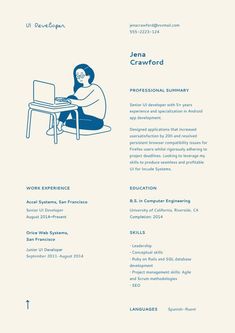 a blue and white resume with an image of a person sitting at a computer desk