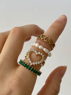 Evry Jewels faux pearl and green CZ stone rings Aesthetic Rings, The Bling Ring, Green Ring, Pearl Collection