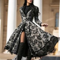 Top Rated Womens Fashion Floral Long Coat Lace Patchwork Lapel Collar Slim Trench Outwear, Women's Coats, Jackets & Vests Sukienki Maksi, Chique Outfits, Womens Fall Dress, Upcycled Fashion, Long Sleeve Print Dress, Long Black Dress, Cosplay Dress, Sleeve Jacket, Halloween Dress