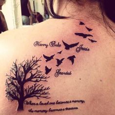 the back of a woman's neck with birds flying around it