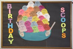 a birthday bulletin board with lots of writing on it and balloons in the shape of a bowl