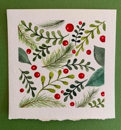 watercolor painting of leaves and berries on white paper with green background by artist jodi williams