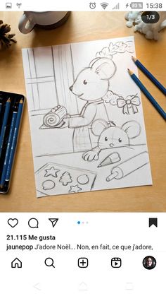 an image of a mouse drawing on paper with crayons and pencils next to it