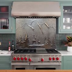 a stove top oven sitting inside of a kitchen next to a wall covered in frosting