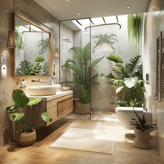 a bathroom with plants in the bathtub and on the sink area, along with a large mirror