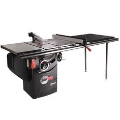 a table saw is sitting on top of a black box with the handle extended to it's side