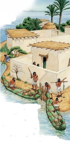 an image of a native american village in the water