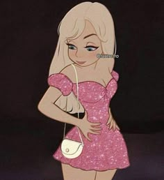 a cartoon girl in a pink dress holding a white purse with the caption she can beat me but she can not beat my outfit