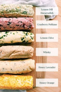 an image of different types of breads on a cutting board with labeled names in english