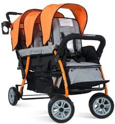 three baby strollers are shown with orange canopy covers on the top and bottom sides