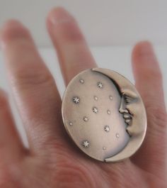 Vintage Ring - Moon Ring - Statement Ring - Star Ring - Vintage Brass jewelry - Adjustable Ring - St Gift Half Moon Ring With Moon Phase Detail, Moon Phase Half Moon Ring As Gift, Half Moon Moon Phase Ring For Gift, Unique Moon Phase Jewelry Ring, Celestial Moonstone Ring With Moon Charm As Gift, Handmade Unique Moonstone Ring, Celestial Moon-shaped Ring As A Gift, Unique Adjustable Jewelry With Moon Phase, Celestial Moon Shaped Rings For Gifts