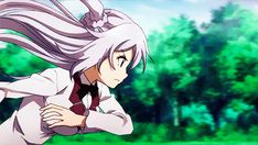 an anime character with long white hair and gray eyes, wearing a tie in front of trees