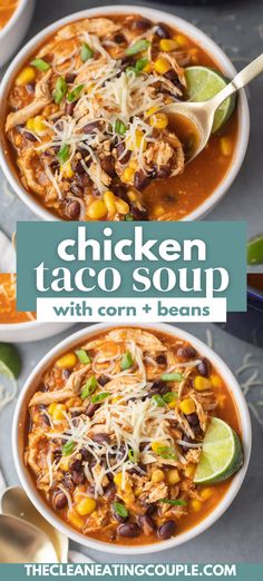 two bowls of chicken taco soup with corn and beans