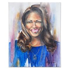 a watercolor painting of a woman with long hair and blue dress smiling at the camera