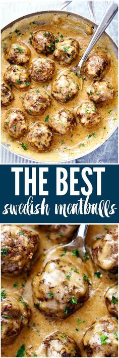 the best swedish meatballs recipe is shown in three different pictures, including one with mushrooms and gravy