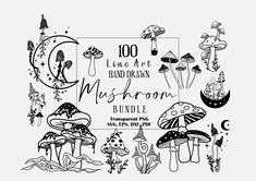 the hand drawn mushroom bundle includes mushrooms, plants and other things in black and white