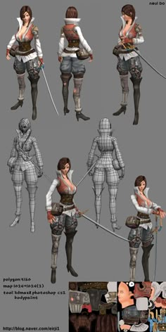 several different views of an animated character in various poses, with swords and armor on their backs