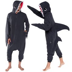 Become one of the most feared sea creatures with these Plush Shark Animal One Piece Pajamas from Funziez! Made of 100% polyester, these onesies are extra comfortable, so your costume parties and get togethers with friends can go swimmingly. These shark pajamas are filled with details from the embroidered hood with teeth to the shark fins. The loose fit allows for freeing movement, and the zippered front pockets provide functionality to keep your personal belongings close. The onesies' button up Onesie Halloween Costume, Animal Halloween Costumes, Shark Costumes, Onesie Costumes, Animal Onesie, Suit Costume, Halloween Onesie, Union Suit, One Piece Cosplay