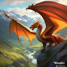 a red dragon sitting on top of a mountain next to a river and mountains in the background