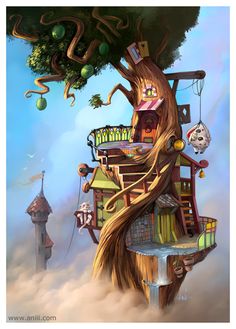 a tree house in the sky with many things hanging from it's roof and around it is a clock tower