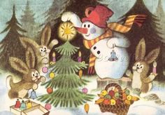 an image of a christmas scene with rabbits and snowmen