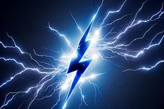 a lightning bolt is shown in the middle of a black background with blue and white lights