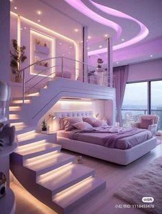 a bedroom that has stairs leading up to the ceiling and bed in front of it