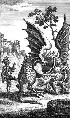 an illustration of a dragon attacking a man in the middle of a battle with two other men